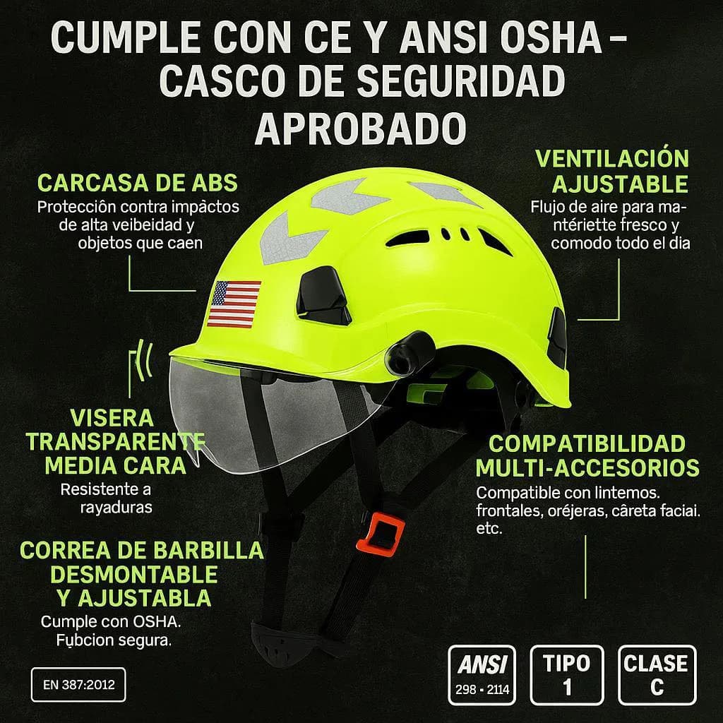 Casco de seguridad industrial con visera y certificación ANSI