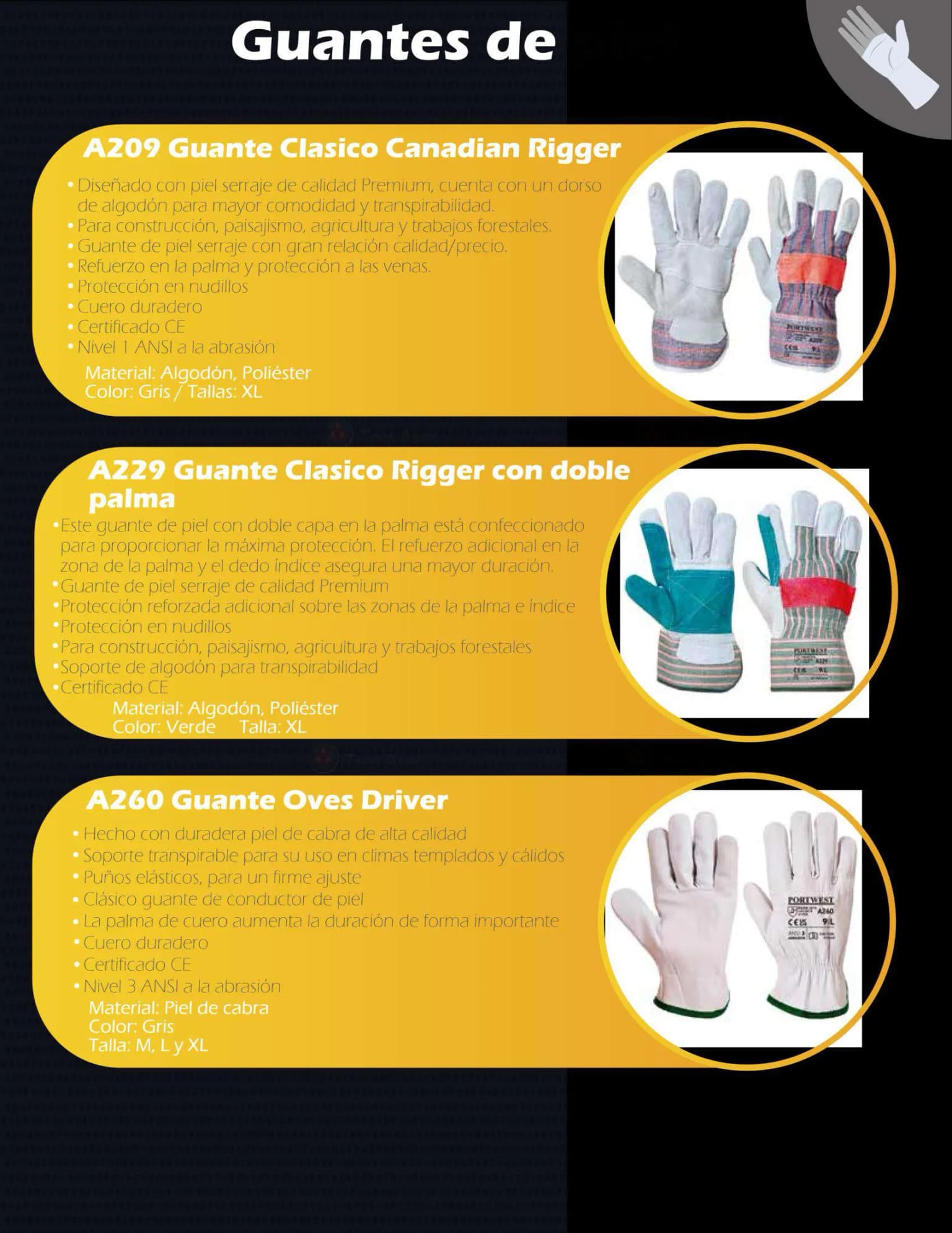 Guantes de piel Portwest A209 Canadian Rigger, A229 y A260 Oves Driver