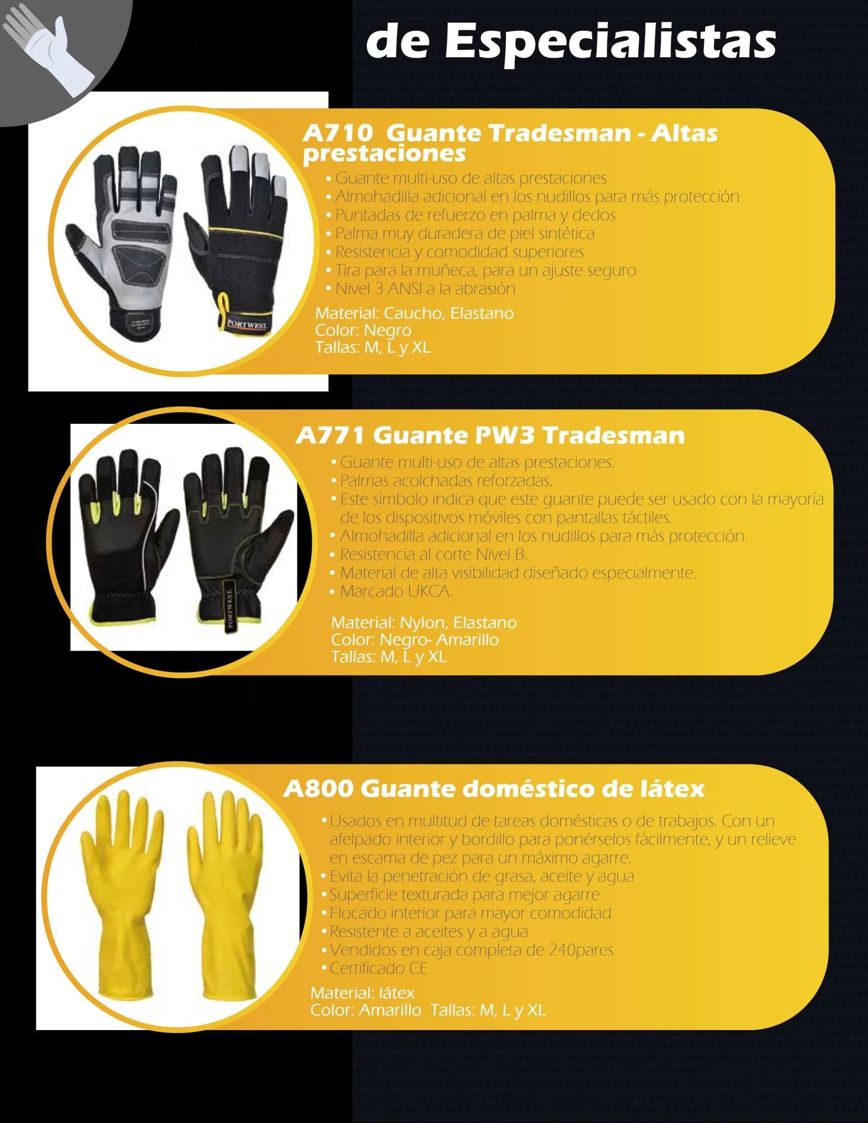 Guantes de especialistas Portwest A710 Tradesman, A771 PW3 y A800 látex