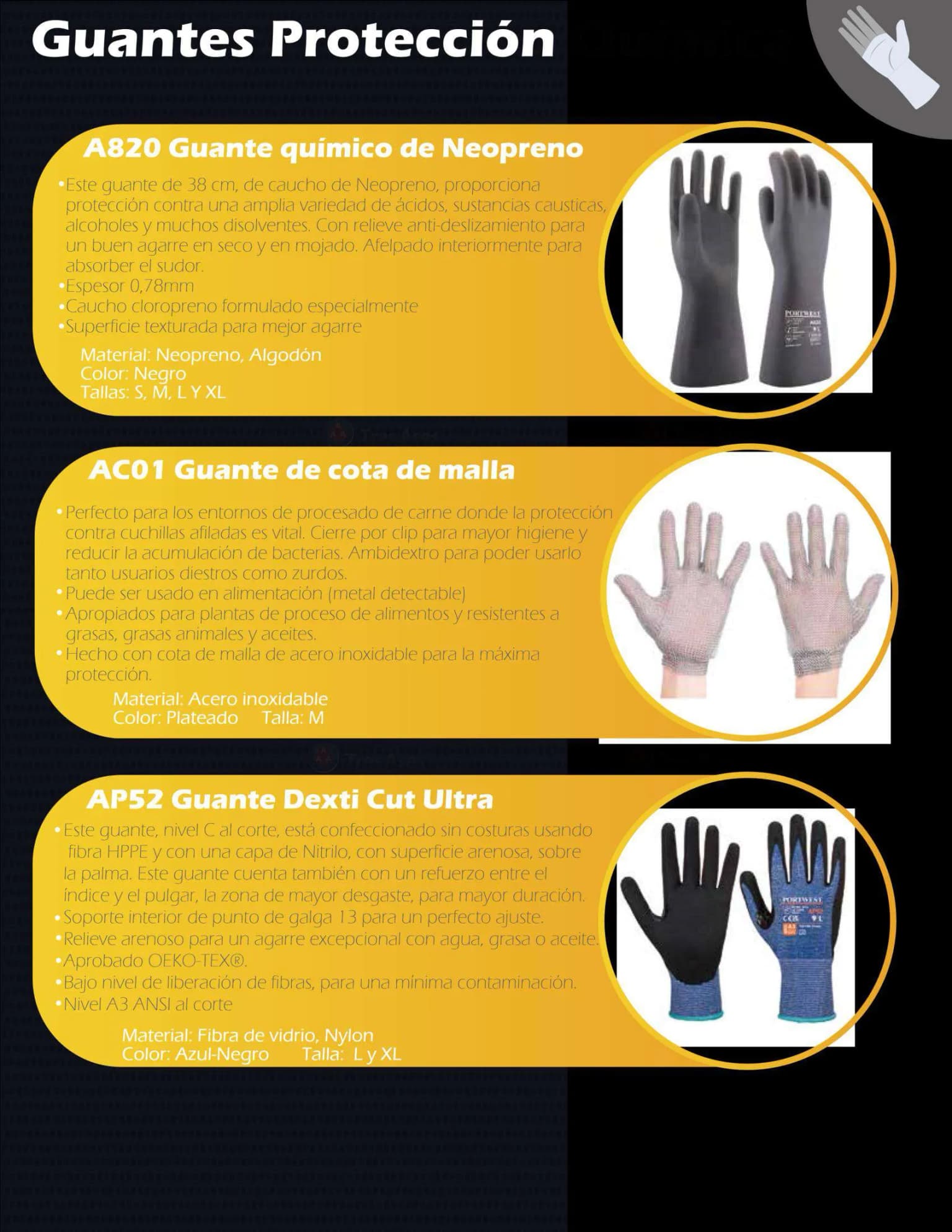 Guantes protección química Portwest A820 neopreno, AC01 cota de malla y AP52 Dexti Cut