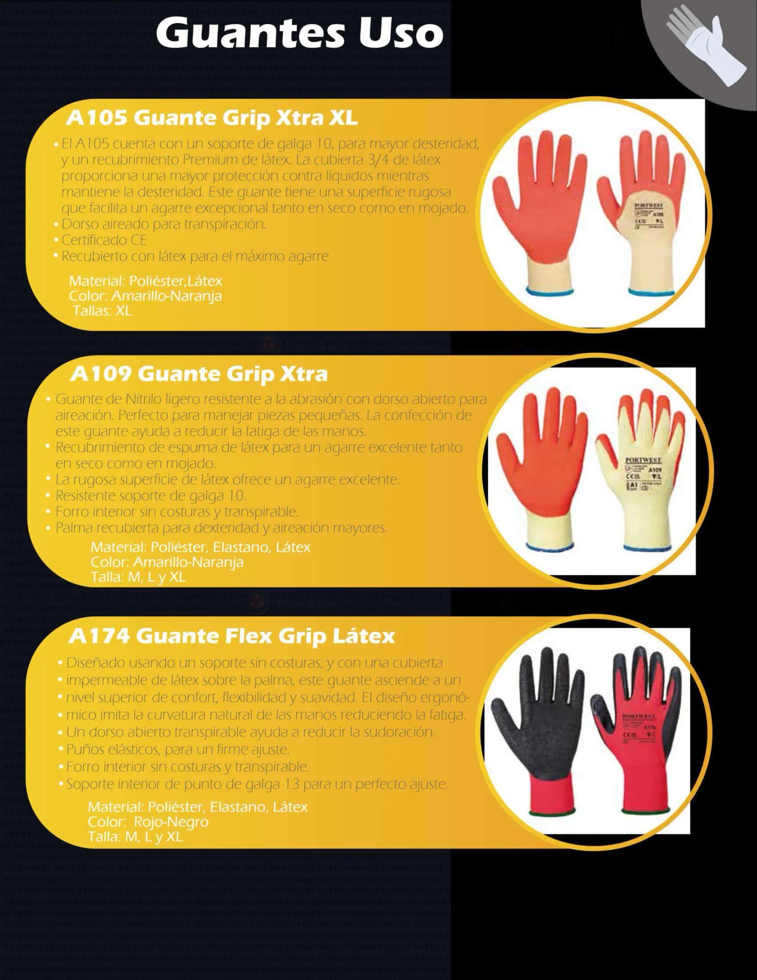 Guantes uso general Portwest A105 Grip Xtra XL, A109 Grip Xtra y A174 Flex Grip Látex