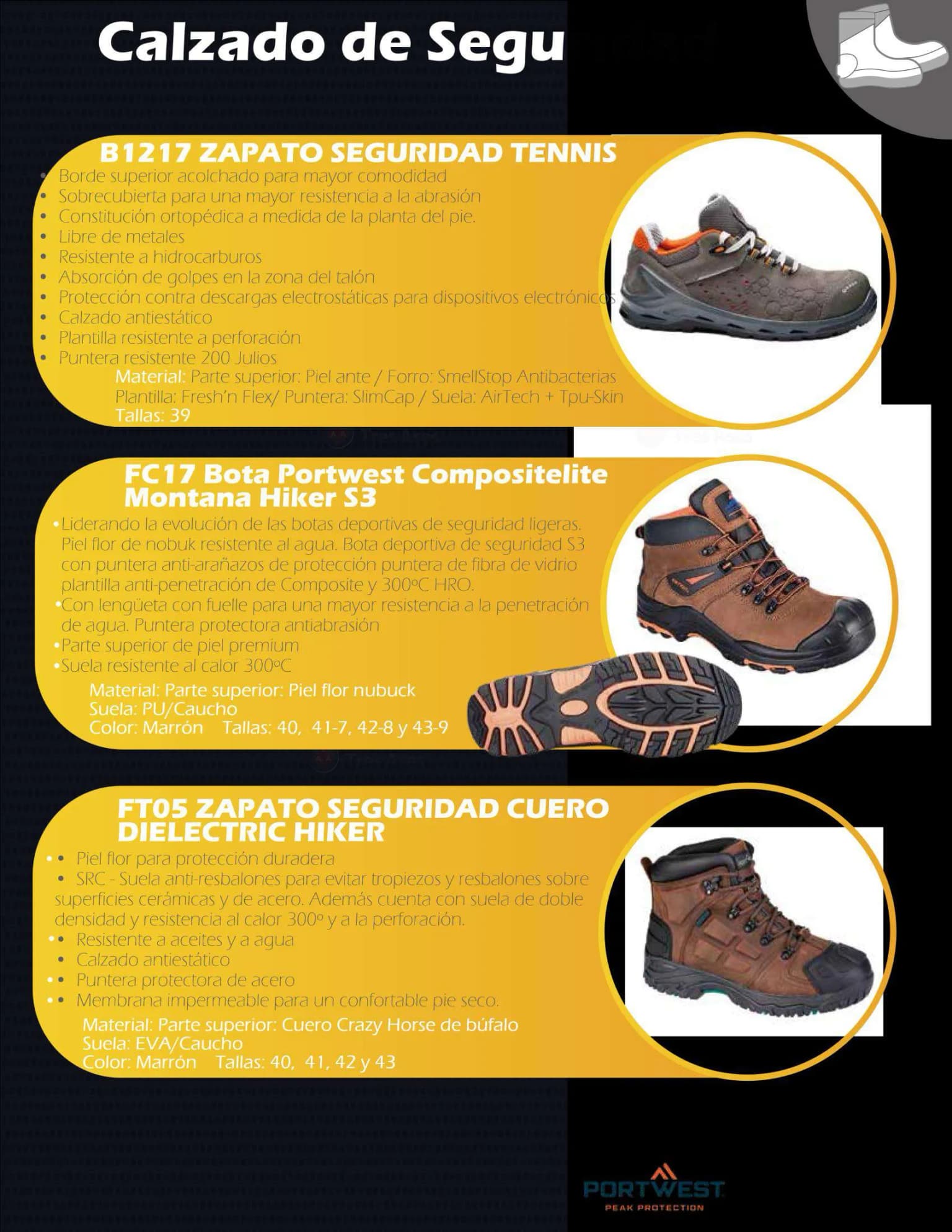 Calzado de seguridad Portwest B1217 zapato tennis, FC17 bota Montana y FT05 Dielectric Hiker