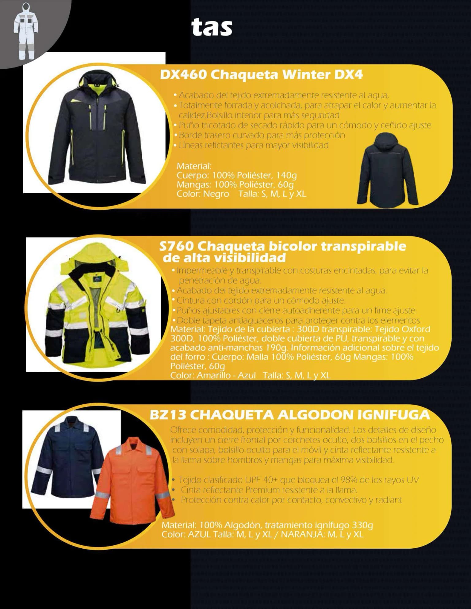 Chaquetas Portwest DX460 Winter, S760 alta visibilidad y B213 algodón ignífuga