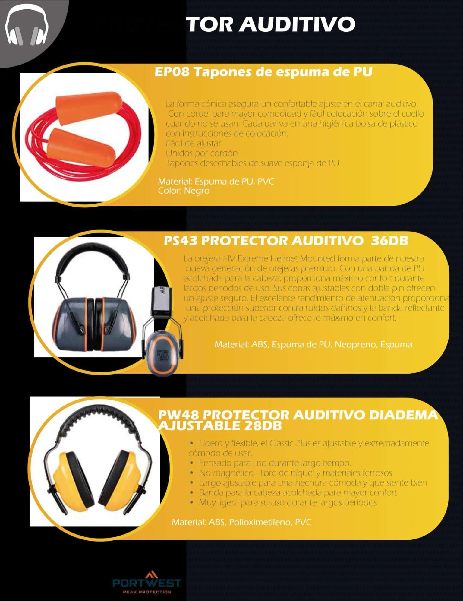 Protectores auditivos Portwest EP08 tapones espuma, PS43 protector 36dB y PW48 diadema 28dB